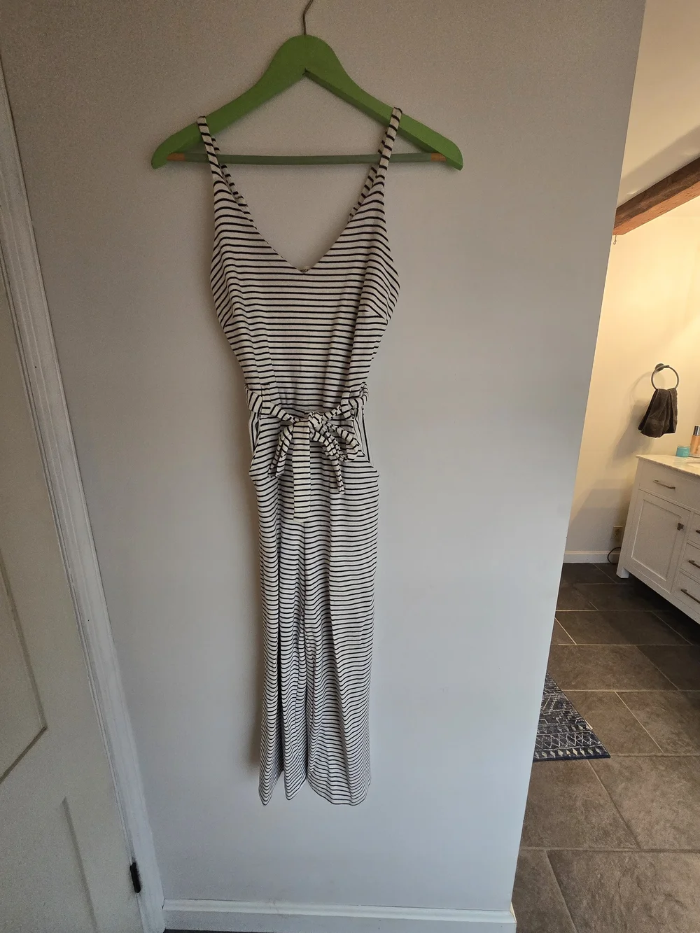 Striped Black & White Sleeveless Jumpsuit with Waist Tie